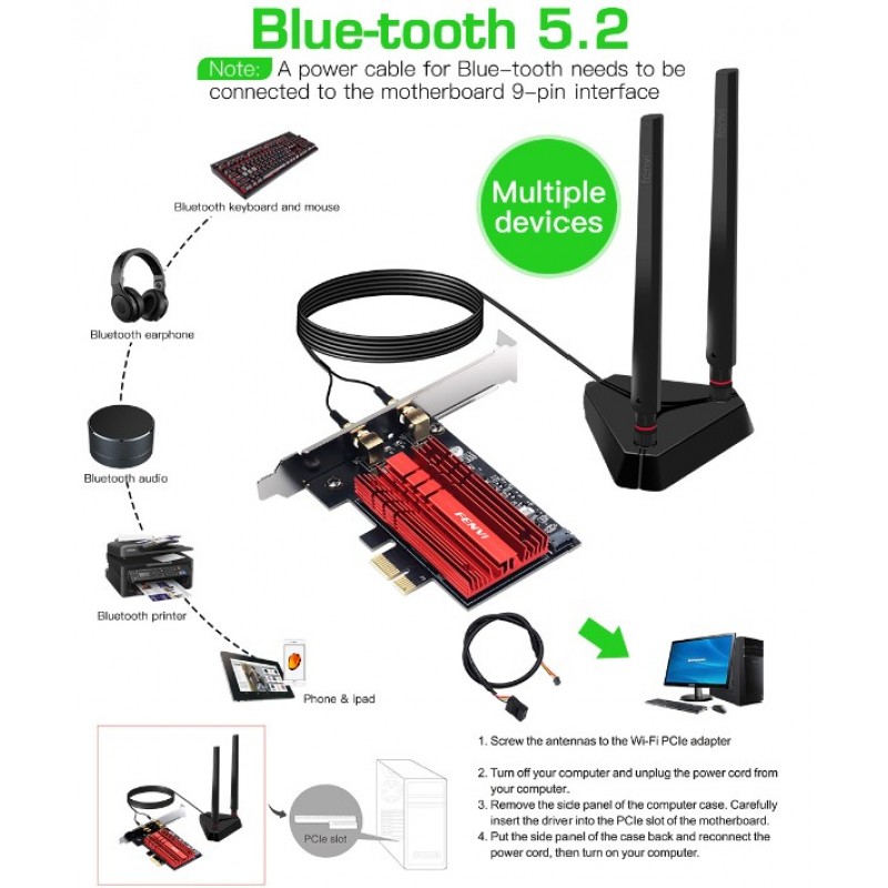 Двухдиапазонный PCI-E Wi-Fi 6 3000Mbps + BT5.2 (Intel AX200) адаптер 2.4G/5Ghz с выносной антенной + Bluetooth 5.2 (PCE-AX200-3000Pro)