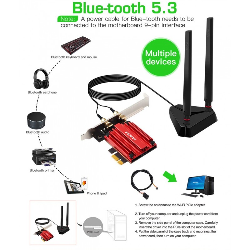 Трехдиапазонный PCI-E Wi-Fi 6E 5374Mbps + BT5.3 (Intel AX210) адаптер 2.4G/5G/6Ghz с выносной антенной + Bluetooth 5.3 (PCE-AXE3000-PRO)