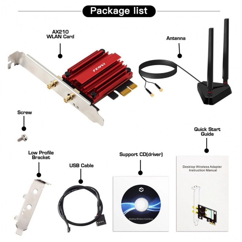 Трехдиапазонный PCI-E Wi-Fi 6E 5374Mbps + BT5.3 (Intel AX210) адаптер 2.4G/5G/6Ghz с выносной антенной + Bluetooth 5.3 (PCE-AXE3000-PRO)