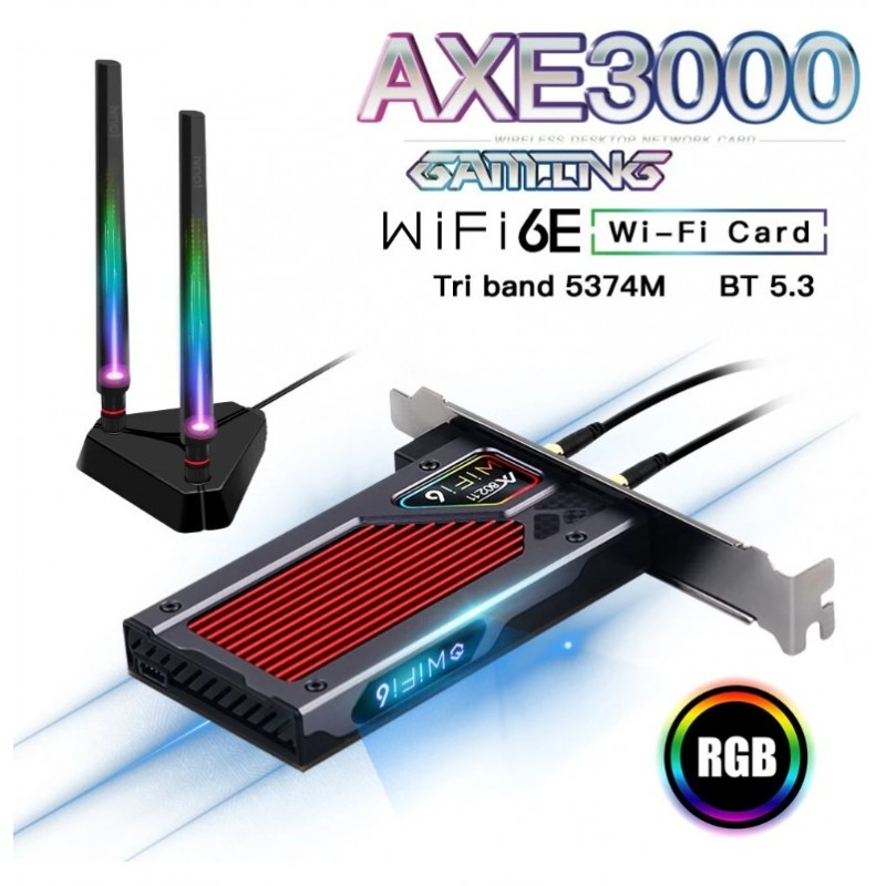 Трехдиапазонный PCI-E Wi-Fi 6E 5374Mbps + BT5.3 Gaming (Intel AX210) адаптер 2.4G/5G/6Ghz с выносной антенной + Bluetooth 5.3 (FV-AXE3000-G)