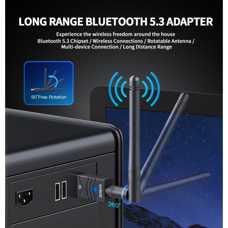 Дальнобойный беспроводной USB Bluetooth 5.3 Адаптер Zexmte с антенной (USB-BT-5.3-100m-zmt)