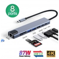 Мультифункциональный USB-хаб концентратор (8 в 1) RJ45+SD+TF+2*USB(Type-A)+HDMI+2*USB(Type-C)