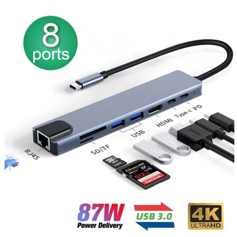 Мультифункциональный USB-хаб концентратор (8 в 1) RJ45+SD+TF+2*USB(Type-A)+HDMI+2*USB(Type-C)