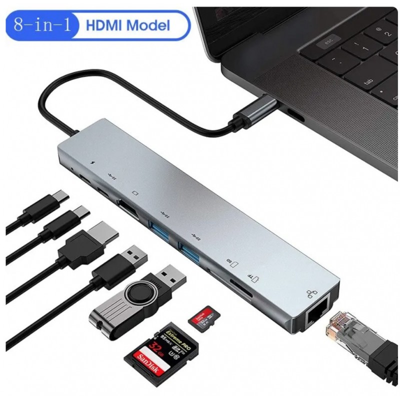 Мультифункциональный USB-хаб концентратор (8 в 1) RJ45+SD+TF+2*USB(Type-A)+HDMI+2*USB(Type-C)