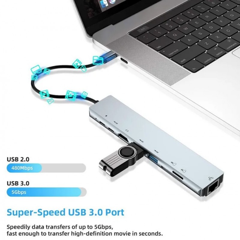 Мультифункциональный USB-хаб концентратор (8 в 1) RJ45+SD+TF+2*USB(Type-A)+HDMI+2*USB(Type-C)