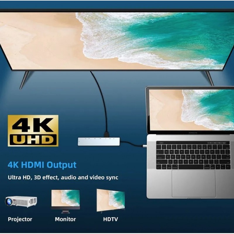 Мультифункциональный USB-хаб концентратор (8 в 1) RJ45+SD+TF+2*USB(Type-A)+HDMI+2*USB(Type-C)