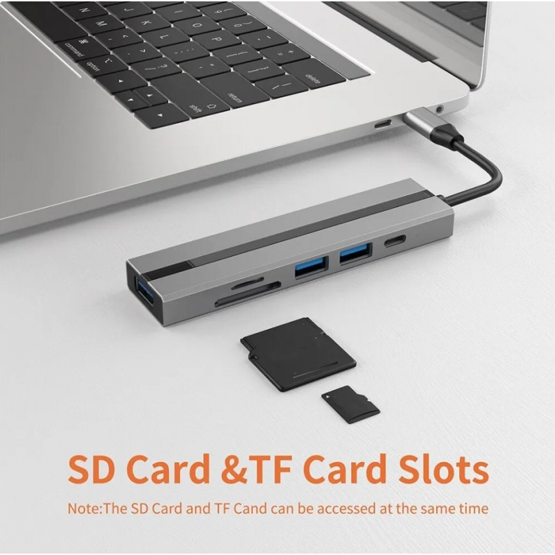 Мультифункциональный USB-хаб/концентратор (6 в 1) SD+TF+USB (Type-A 3.0)+2*USB (Type-A 2.0)+USB Tupe-C (PD-100W)