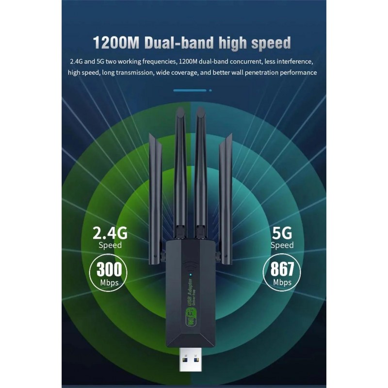 Двухдиапазонный USB 3.0 Wi-Fi 5 (AC) 1200Mbps адаптер 2.4/5GHz з 4 антенами (U3-AC1200-4A)