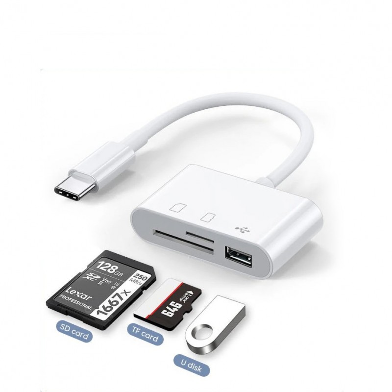Переходник для Type-C на USB и SD/TF Card Reader адаптер для USB-C на флешку и SD TF картридер кабель (Type-C-TF-SD-USBw)
