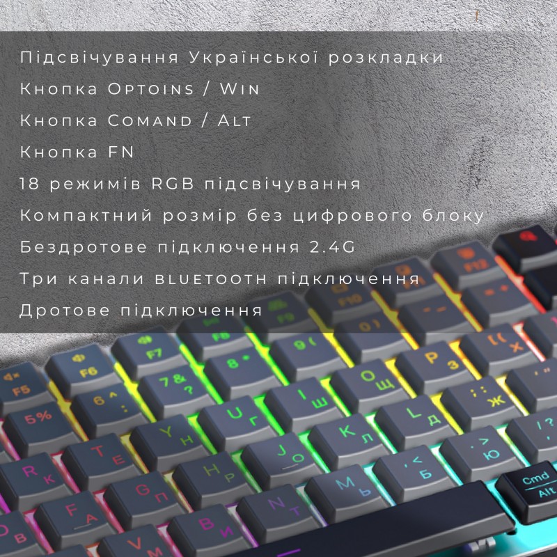 Бездротова механічна клавіатура GamePro MK230R Red Switch Low Profile Wireless/Bluetooth/USB Dark Gr