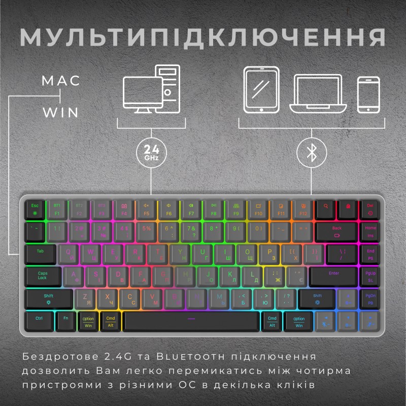 Бездротова механічна клавіатура GamePro MK230R Red Switch Low Profile Wireless/Bluetooth/USB Dark Gr