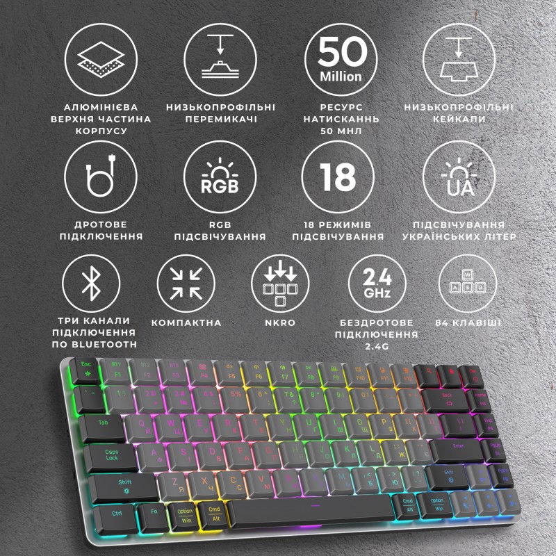 Бездротова механічна клавіатура GamePro MK230R Red Switch Low Profile Wireless/Bluetooth/USB Dark Gr