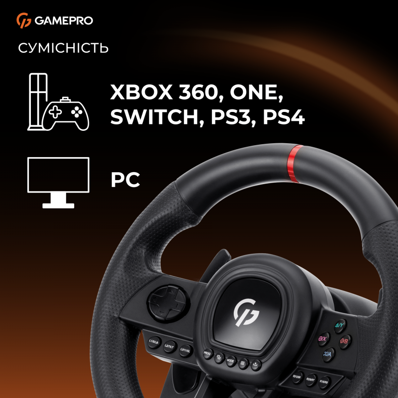 Ігрове кермо GamePro RW038PM з педалями та коробкою передач PC/XBOX360/XBOXONE/SWITCH/PS3/PS4