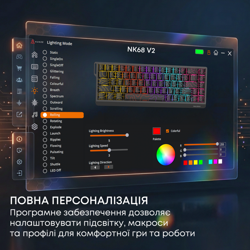 Дротова механічна клавіатура Ajazz NK68 V2 Red Switch (NK68-V2-R-S-W)