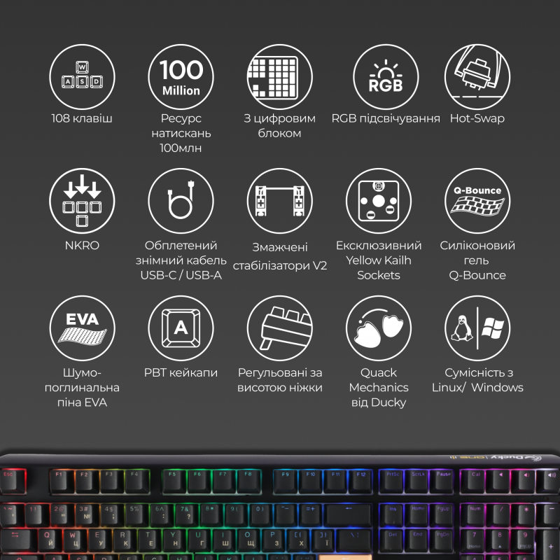 Механічна клавіатура Ducky One 3 TKL Cherry MX Speed silver RGB Black UA